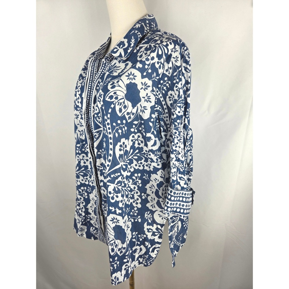 Gretchen Scott Button Down Shirt XL Blue White Floral Cotton Contrast Cuffs - Picture 5 of 11